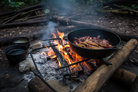 campfire cooking scene, with cast-iron skillet and sizzling bacon, created with generative aiの素材