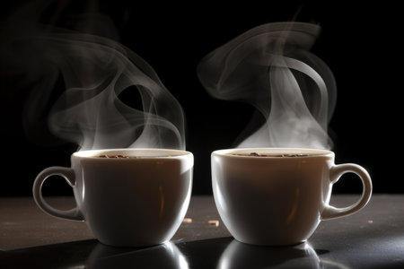 pair of coffee cups, filled to the brim with hot, steamy joe, created with generative aiの素材