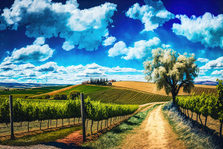 vineyard with rolling hills and blue sky in the distance, created with generative aiの素材