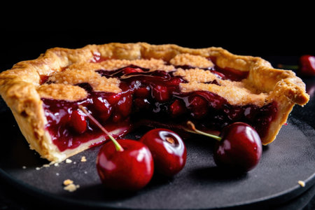 cherry pie sitting on a black plate, with cherry filling and crust visible, created with generative aiの素材