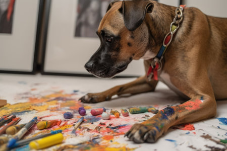 dog with paintbrush in paw, creating abstract piece of art, created with generative aiの素材