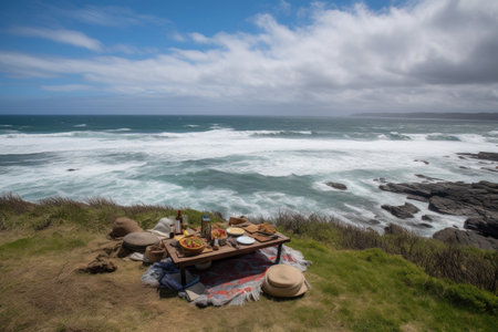picnic with a view of the ocean, waves rolling in, created with generative aiの素材