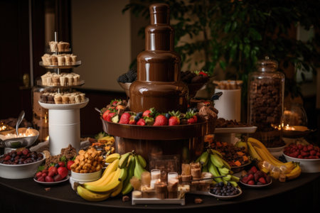 chocolate fountain surrounded by plates of fruit and pastries for a sweet and savory combination, created with generative aiの素材