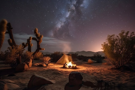 cozy campsite under starry night sky in desert, created with generative aiの素材
