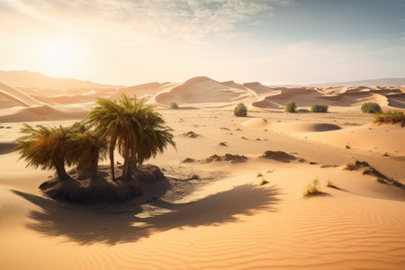 oasis surrounded by endless desert with distant mountain range in the background, created with generative aiの素材