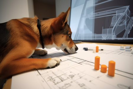 dog, with paw on builders level, drawing lines and measurements for futuristic skyscraper, created with generative aiの素材