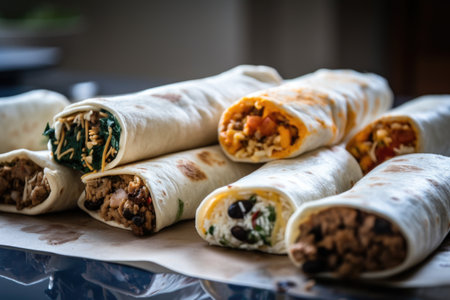 a batch of homemade burritos, ready to be packed for lunches or dinners, created with generative aiの素材