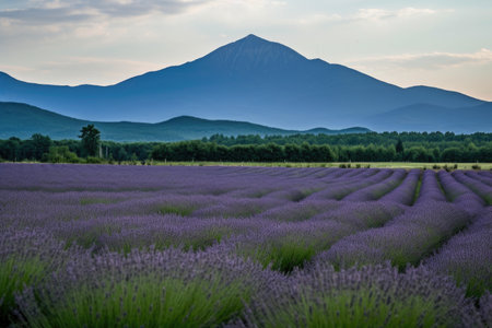 lavender field with mountain range in the background, created with generative aiの素材