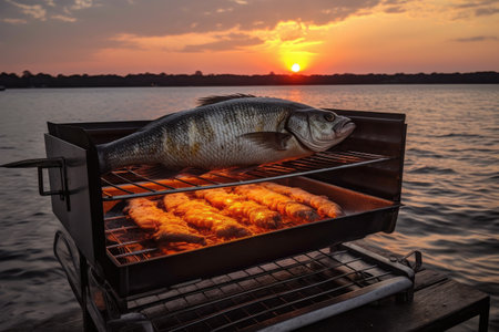 grilled fish on a portable grill, with the sunset in the background, created with generative aiの素材