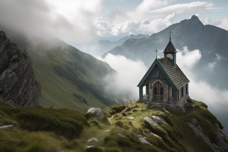 mountain chapel, surrounded by misty clouds and towering peaks, with a view of the valley below, created with generative aiの素材