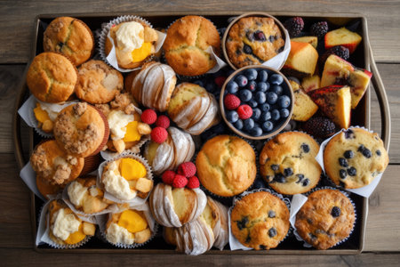 breakfast muffin tray filled with mini muffins, scones, and other baked goods, created with generative aiの素材