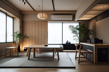 modern japanese style interior with sleek furniture and minimalist design elements, created with generative aiの素材
