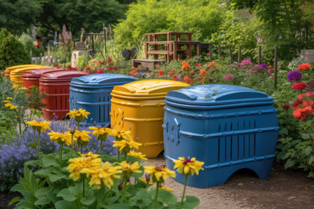 brightly colored compost bins stand out in the garden, with blue and yellow flowers blooming nearby, created with generative aiの素材