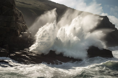 sea waves crashing against the cliff face, with spray flying, created with generative aiの素材