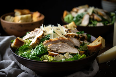 a bowl of chicken caesar salad, with juicy grilled or baked chicken and crunchy croutons, created with generative aiの素材