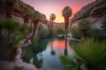 lush oasis surrounded by fiery canyon sunset, with palm trees and water in the background, created with generative aiの素材