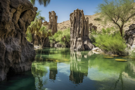 desert oasis, with towering rock formations and crystal clear waters, created with generative aiの素材