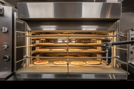 commercial oven with pizza and bagels in view, ready for the lunch rush, created with generative aiの素材