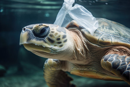 a turtle with a plastic bag around its neck, struggling to breathe, created with generative aiの素材
