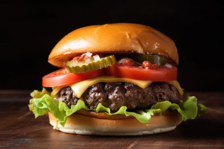 classic burger with lettuce, tomato, and pickles on a toasted bun, created with generative aiの素材