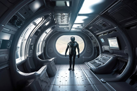 alien worker, traveling to job site aboard futuristic transport vessel, created with generative aiの素材