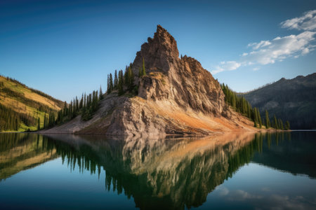 majestic rock formation towering over serene mountain lake, created with generative aiの素材