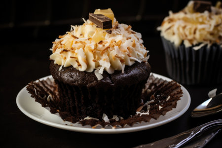 chocolate cupcake, with pineapple and coconut frosting, topped with toasted coconut, created with generative aiの素材