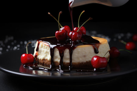 cheesecake on black plate with drizzle of red cherry syrup, created with generative aiの素材