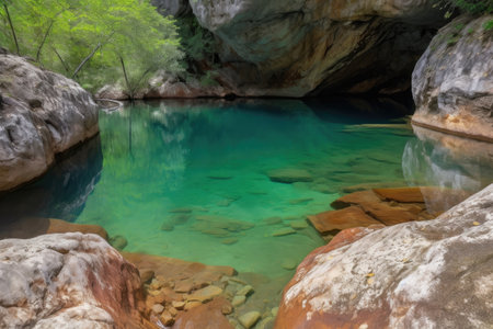 natural rock formation with crystal-clear pool of water, created with generative aiの素材
