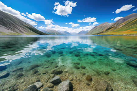 crystal clear lake surrounded by mountains, with blue sky and clouds in the background, created with generative aiの素材