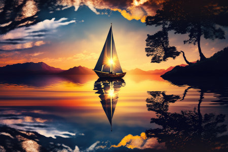 sunset sailboat on crystal-clear lake, with water reflections and suns rays, created with generative aiの素材