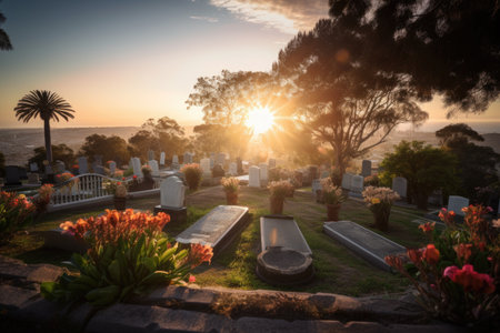 cemetery, with view of sunset, providing a peaceful and tranquil setting, created with generative aiの素材