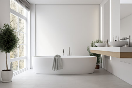 a white, minimalist bathroom with simple accessories and sleek fixtures, created with generative aiの素材