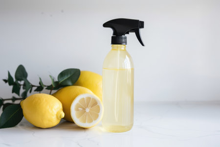 bottle of homemade lemon cleaner, with a spray nozzle attached, for easy and ecofriendly cleaning, created with generative aiの素材