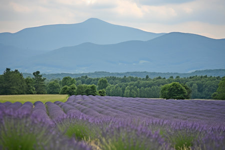 lavender field with view of rolling hills and mountains in the background, created with generative aiの素材
