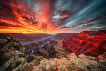 grand canyon with fiery sunset, featuring colorful and dramatic sky, created with generative aiの素材