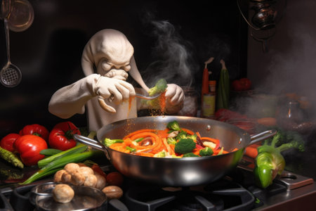 close-up of alien chef, preparing a sizzling stir fry with vegetables and spices from his own planet, created with generative aiの素材