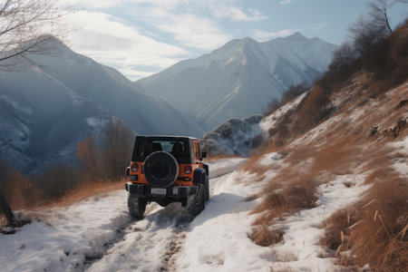 off-road adventure on mountain trail with snow-covered peaks in the background, created with generative aiの素材