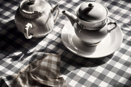 coffeepot, cup and saucer on checked tablecloth, created with generative aiの素材