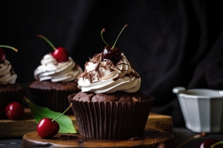 edible chocolate cupcake, with whipped cream and cherry on top, created with generative aiの素材