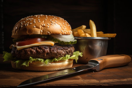 close-up of classic burger and fries, with knife and fork for added detail, created with generative aiの素材