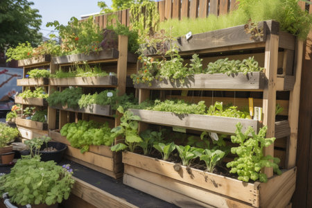 vertical garden in community garden, with vegetables and herbs growing, created with generative aiの素材