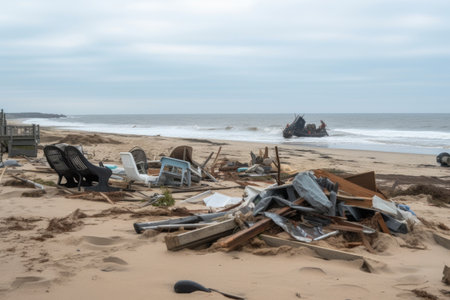 beach cleanup after storm, with debris and wreckage from the storm visible, created with generative aiの素材