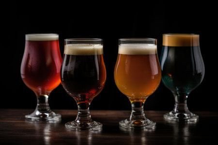 four glasses of draught beer, each in a different style and color scheme, created with generative aiの素材