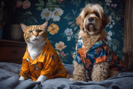 photoshoot, with cat and dog models wearing outfits of their own designs, created with generative aiの素材