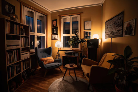 lofie living room with cozy armchair, candlelight and vinyl record collection, created with generative aiの素材