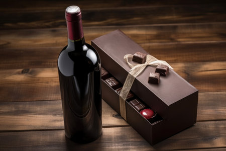 bottle of red wine and box of chocolates on wooden board, created with generative aiの素材