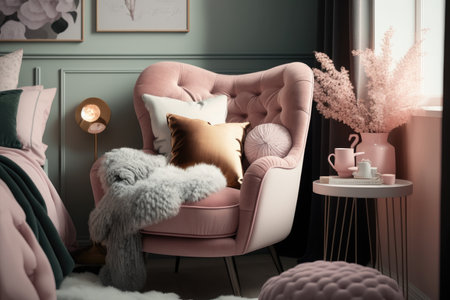 a pink armchair in a bedroom, with a plush throw and fluffy pillows, created with generative aiの素材