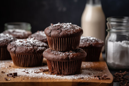 stack of decadent chocolate cupcakes with fluffy frosting and sprinkling of powdered sugar, created with generative aiの素材