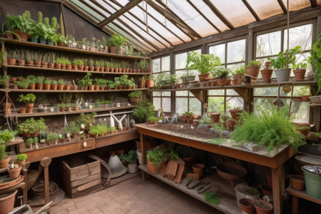 greenhouse with shelves of plants and tools for gardening, created with generative aiの素材